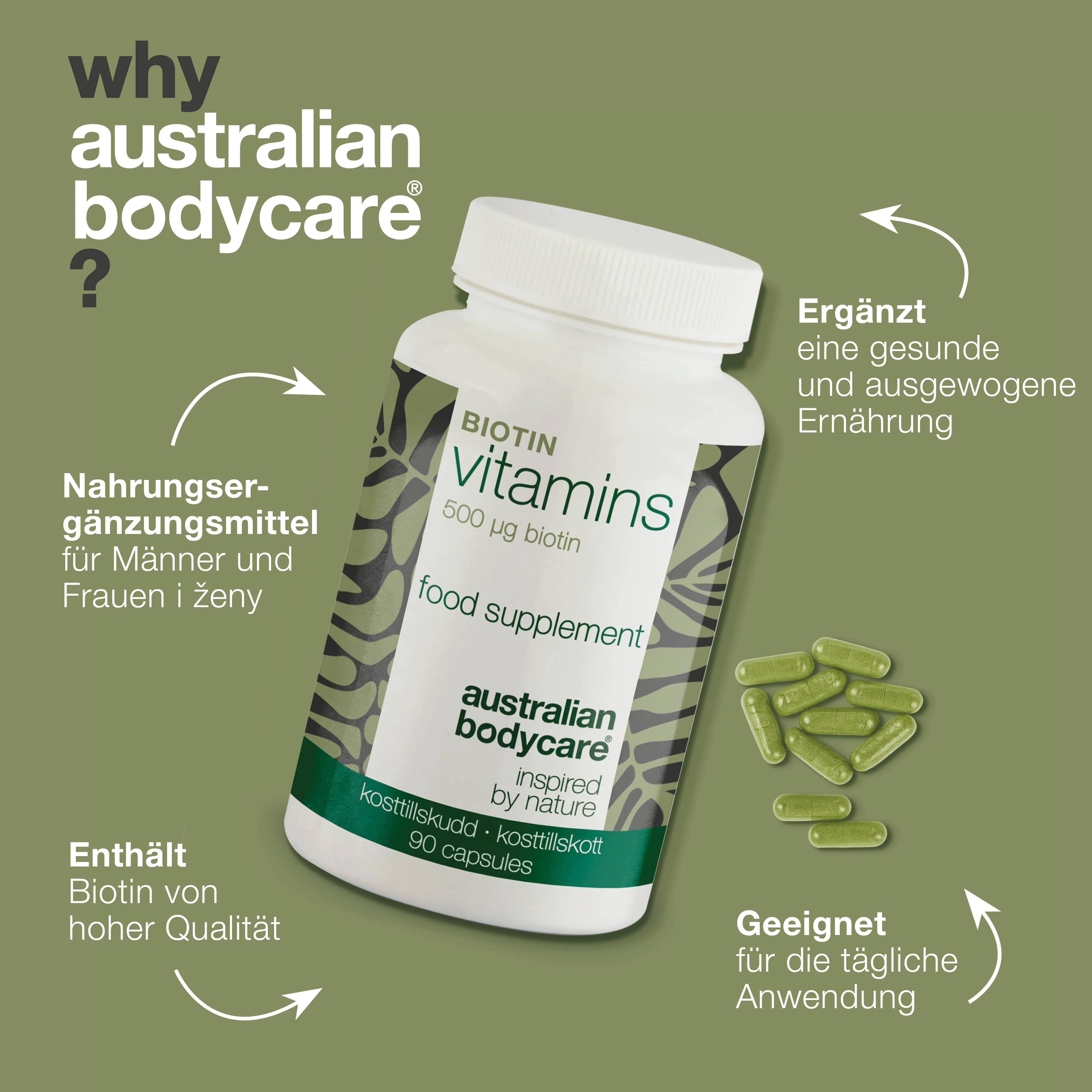 Biotinpräparat 500 µg – Vitamin B7 – 90 Stück — Biotinpräparat mit 500 µg Vitamin B7 für die tägliche Pflege von Haut, Haar und Schleimhäuten. Mit Biotin, Alfalfa und Cellulose. - Image 4