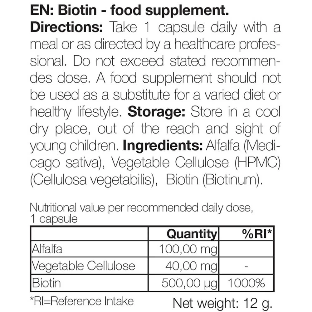 Biotinpräparat 500 µg – Vitamin B7 – 90 Stück — Biotinpräparat mit 500 µg Vitamin B7 für die tägliche Pflege von Haut, Haar und Schleimhäuten. Mit Biotin, Alfalfa und Cellulose. - Image 6